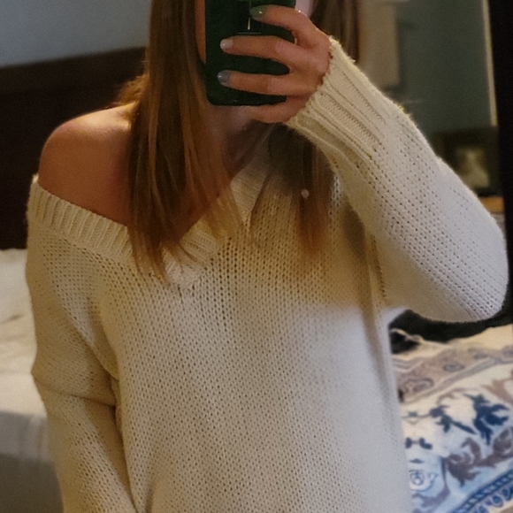 PINK Cream Colored V-Neck Sweater - Picture 1 of 5